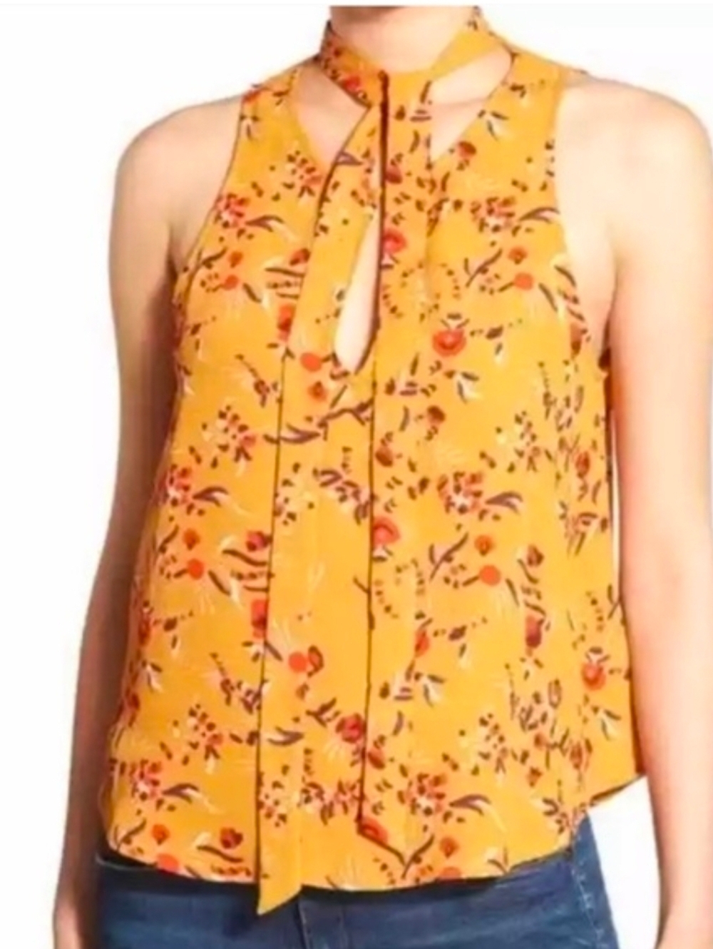 Astr Floral Tie-Neck Camisole In Mustard And Red Size S V- Neck
